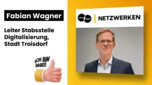 Warum Troisdorf ein Smart-City-Maskottchen hat: smarTa im Gespräch mit Fabian Wagner Fabian Wagner, Leiter Stabsstelle Digitalisierung Troisdorf, zum Maskottchen smarTa, Artikelbild Netzwerktreffen
